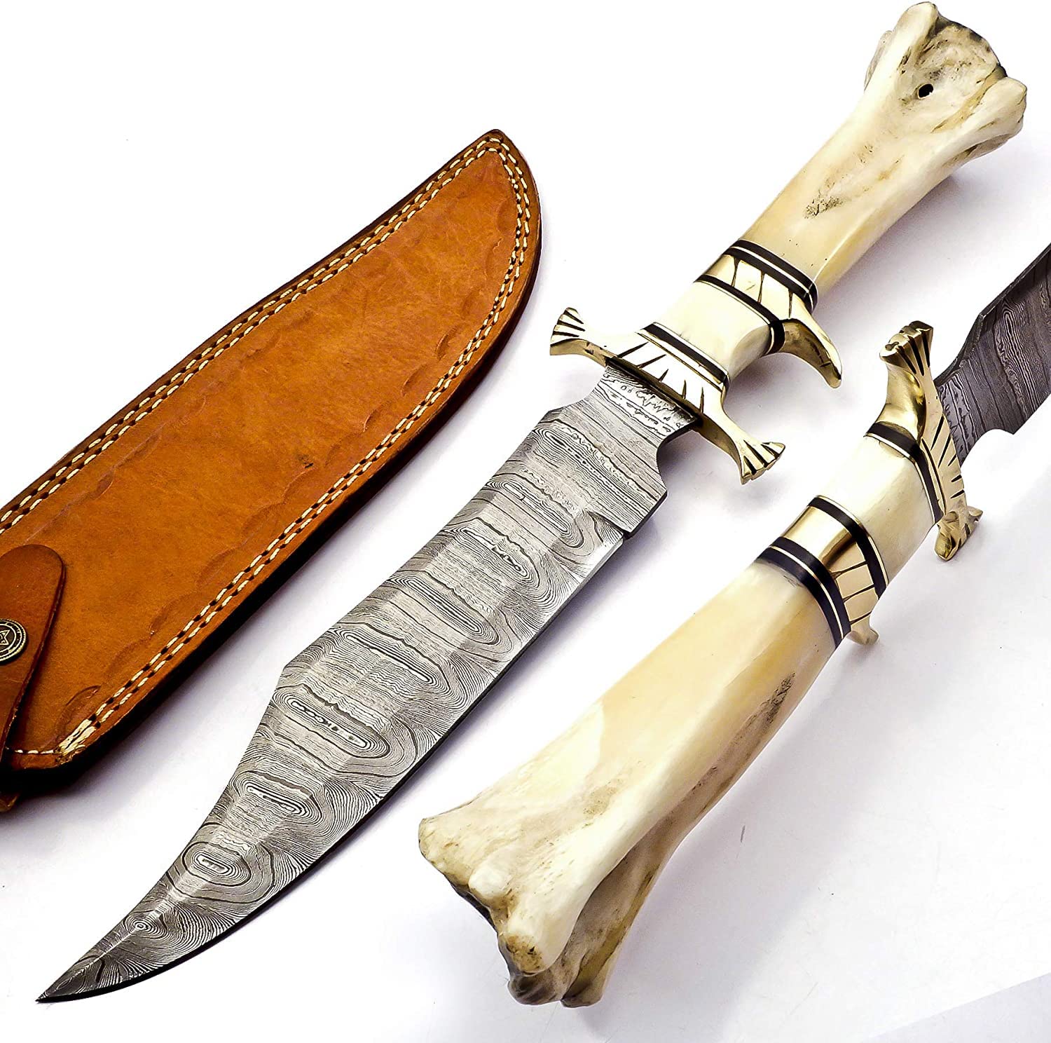 Vainsta Fixed Blade Knife with Sheath 15 Inch Handmade Custom Damascus Hunting Knife, Hand Forged Classic Bowie Knife with Camel Bone Handle for Firm Grip, white