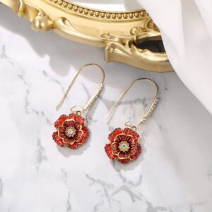 BriLove Fashion Elegant Rhinestone Enamel Rose Flower Hook Dangle Earrigns for Women Ruby Color Gold-Toned