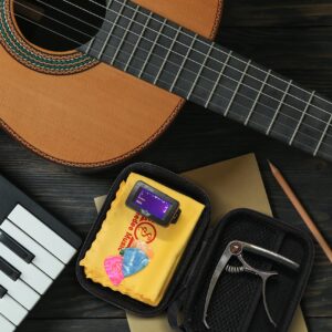 Speedee Music Capo Bundle Gift Pack - 4 Assorted Guitar Picks, Guitar Tuner, 3-1 Capo with Built-in Pick Stand and Pin Puller, Storage Bag for Guitar Accessories