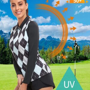 Soneven Women's Long Sleeve Golf Polo Shirts Moisture Wicking Quick Dry Half-Zip Pullover Athletic Workout Striped Tops (1-Black Argyle, X-Large)