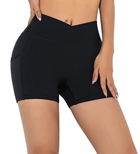 Darkterror Workout Shorts Women Spandex High Crossover Waist Gym Athletic Yoga Running with Pockets(Black-M)