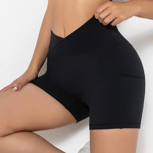 Darkterror Workout Shorts Women Spandex High Crossover Waist Gym Athletic Yoga Running with Pockets(Black-M)