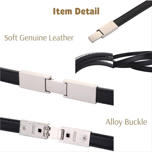 Women's Belts Skinny Soft Genuine Leather Belts Adjustable Slim Waist Belt Silver Metallic Plaque Buckle Waistband, Black