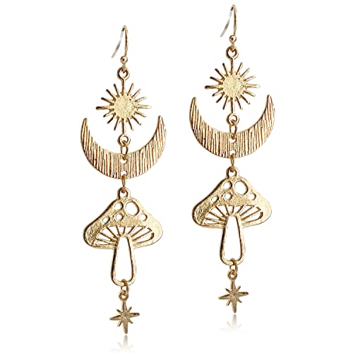 SLSF Unique Chic Gothic Boho Sun and Moon Dangle Drop Earrings Bohemian 14k Gold Goth Crescent Moon Star Mushroom Pendant Celestial Earrings for Women Christmas Jewelry Gift (Gold)