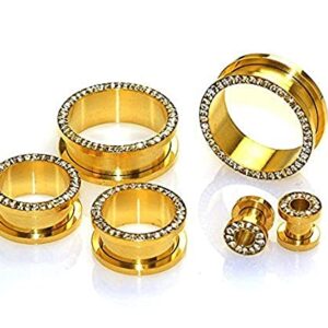 Screw-on 24k Gold PlatedPlugs/Gauges/Tunnels with Clear CZ 15/16'' (24MM) 2 Pieces (1 Pair) (A/5/3/A/10)