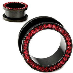 Surgical Steel Black Titanium with Red CZ Over Steel Screw-on Plugs/Gauges 2G (6MM) 2 Pieces (1 Pair) (B/4/2/60)