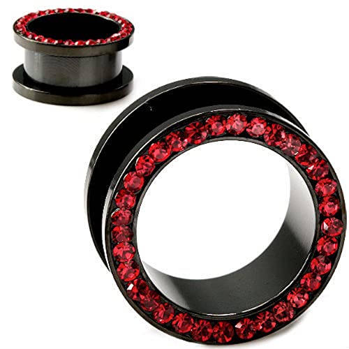 Surgical Steel Black Titanium with Red CZ Over Steel Screw-on Plugs/Gauges 2G (6MM) 2 Pieces (1 Pair) (B/4/2/60)