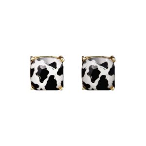 kathaya jewel statement stud earrings animal cow print chic glass square stud western cowhide earrings (white black)