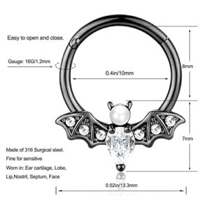 EVISPOL 2Pcs 16G Septum Nose Rings for Women Men, Stainless Steel Bat Septum Jewelry Moon Nose Rings CZ Septum Clicker Cartilage Daith Tragus Helix Ear Piercing Jewelry-Black Bat- Moon