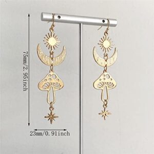 SLSF Unique Chic Gothic Boho Sun and Moon Dangle Drop Earrings Bohemian 14k Gold Goth Crescent Moon Star Mushroom Pendant Celestial Earrings for Women Christmas Jewelry Gift (Gold)