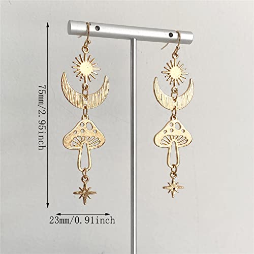 SLSF Unique Chic Gothic Boho Sun and Moon Dangle Drop Earrings Bohemian 14k Gold Goth Crescent Moon Star Mushroom Pendant Celestial Earrings for Women Christmas Jewelry Gift (Gold)