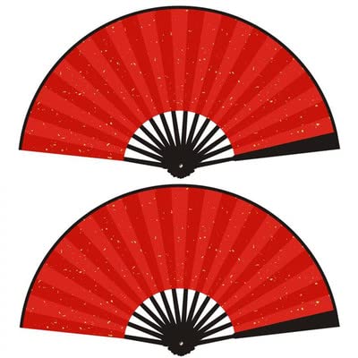 Large Red Fan Chinese Silk Folding Hand Fan Dance Costume Home Party Wedding Decoration Fan Men Women Hand Held Fan (10.6 inches, Red with Gold (Black Bamboo Bone))