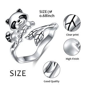 925 Sterling Silver Raccoon Ring Thumb Ring Adjustable Open Ring for Women Size 6 7 8 9 Jewelry