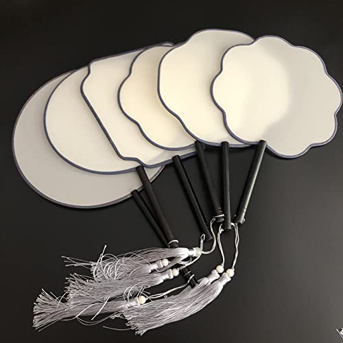 Personalized White Chinese Natural Silk Hand Fans Wedding Women Decorative Fan Traditional Craft Long Handle (Total Long 13.78 inches, white huaguan Ebony handle)