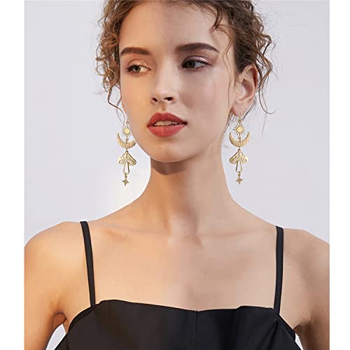 SLSF Unique Chic Gothic Boho Sun and Moon Dangle Drop Earrings Bohemian 14k Gold Goth Crescent Moon Star Mushroom Pendant Celestial Earrings for Women Christmas Jewelry Gift (Gold)