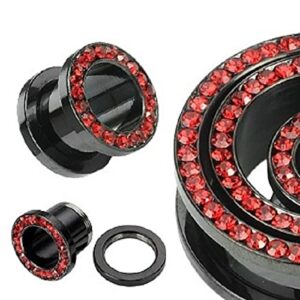 Surgical Steel Black Titanium with Red CZ Over Steel Screw-on Plugs/Gauges 2G (6MM) 2 Pieces (1 Pair) (B/4/2/60)