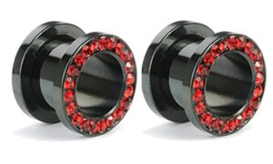 surgical steel black titanium with red cz over steel screw-on plugs/gauges 2g (6mm) 2 pieces (1 pair) (b/4/2/60)