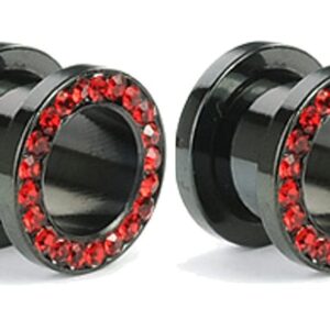 Surgical Steel Black Titanium with Red CZ Over Steel Screw-on Plugs/Gauges 2G (6MM) 2 Pieces (1 Pair) (B/4/2/60)