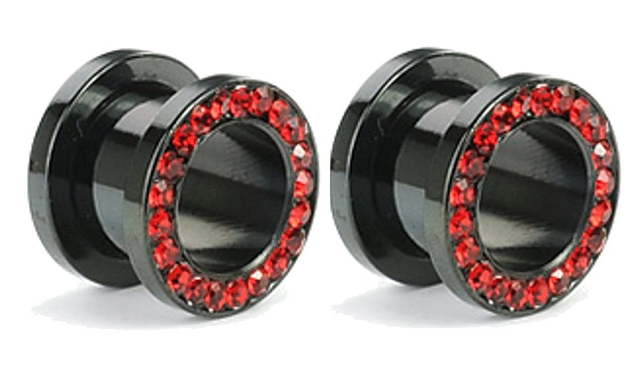 Surgical Steel Black Titanium with Red CZ Over Steel Screw-on Plugs/Gauges 2G (6MM) 2 Pieces (1 Pair) (B/4/2/60)