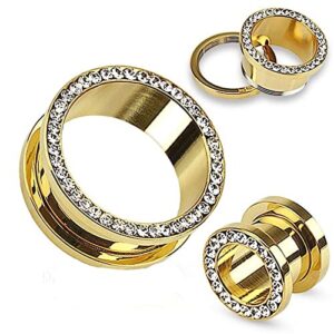 screw-on 24k gold platedplugs/gauges/tunnels with clear cz 15/16'' (24mm) 2 pieces (1 pair) (a/5/3/a/10)