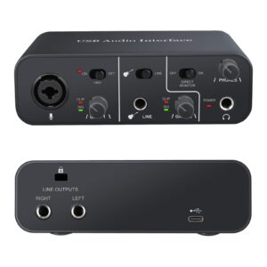 usb audio interface 2 in 2 out with 48v phantom power,ygitk usb-c audio interface for pc/win/mac recording, streaming and podcasting, audio box (microphone cable included)