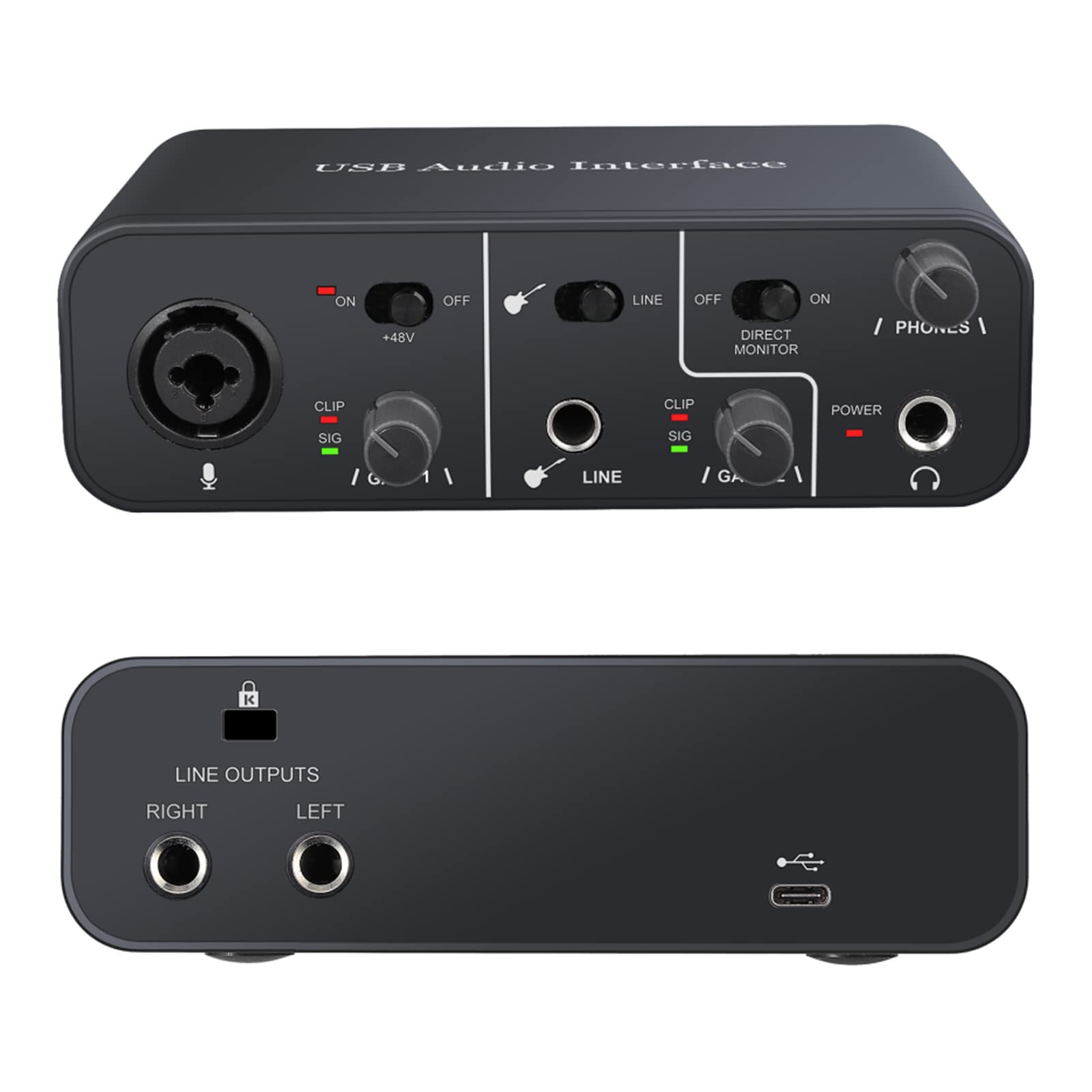 USB Audio Interface 2 In 2 Out with 48V Phantom Power,YGiTK USB-C Audio Interface for PC/Win/Mac Recording, Streaming and Podcasting, Audio Box (Microphone Cable Included)