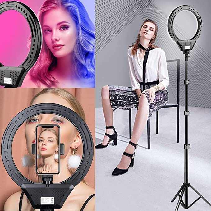 10" Ring Light with Tripod Stand and Phone Holder RGB Selfie Ring Light with 59" Stand & Desk Phone Tripod Stand,8 Dimming Levels,17 Color LED Ring Lights for Phone,Live Stream,Make Up,YouTube,TikTok