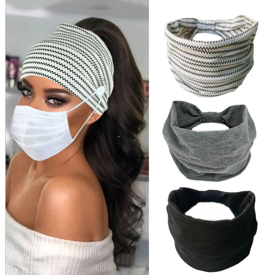 Efdagsad Boho Button Headband Women Wide Mask Hair Band with Button Boho Elastic Sports Headwear Yoga Ear Saver Hair Band Workout Headwrap (A)