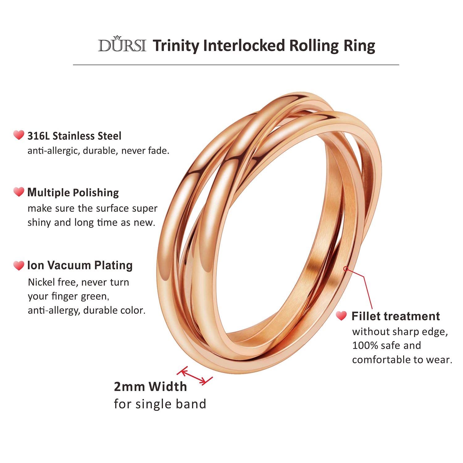 DURSI Trinity Interlocked Rolling Triple Ring for Women Girls Kids, Stainless Steel Cross Stacking Puzzle Ring for Fidget Anxiety, Minimalist Promise Engagement Wedding Ring (Rose Gold, Size 11)