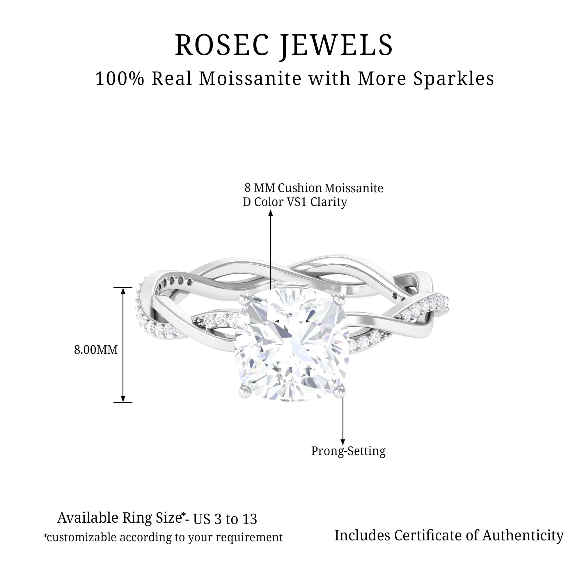 Rosec Jewels Moissanite Solitaire Ring for Women, 8 MM, 3 Cttw, D-VS1 Quality, Braided Promise Engagement Ring, 14K White Gold, Size:US 12.00