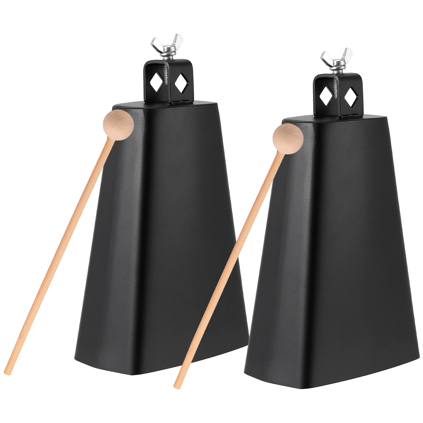 MANCHAP 2 Pack 8 Inch Cow Bell with Stick, Cowbells Noise Makers with Handle, Metal Cowbell for Drum Set, Sports, Home, Farm, Black