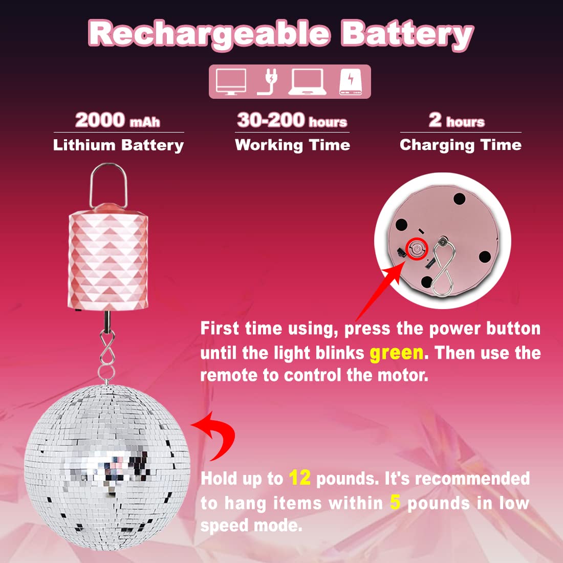 Disco Ball Motor, 2000mAh Battery Operated Rotating Wind Spinner Motor with Remote & Timing, USB Rechargeable Mini Rose Gold Spinning Baby Crib Mobile Motor for Hanging Ornament Wind Chime Mirror Ball