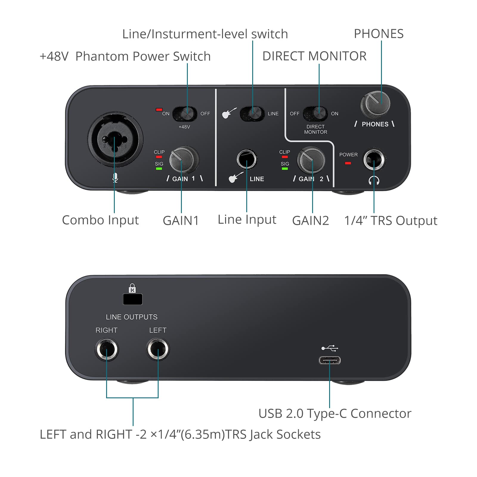 USB Audio Interface 2 In 2 Out with 48V Phantom Power,YGiTK USB-C Audio Interface for PC/Win/Mac Recording, Streaming and Podcasting, Audio Box (Microphone Cable Included)