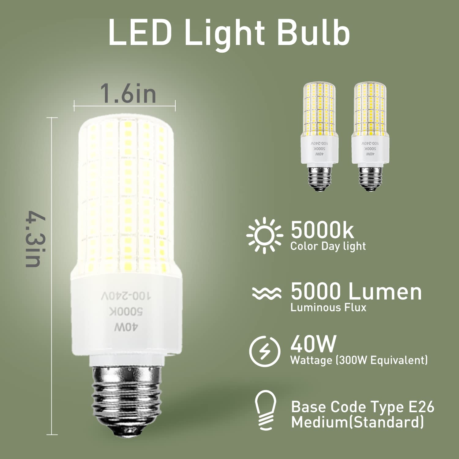 CA New Sunshine 2 Pack 40W Led Light Bulb(300W Equivalent) 5000 Lumens 5000K Daylight White Led Bulbs E26/E27 Medium Base for Indoor Outdoor Street Office Warehouse Workshop Garage Backyard