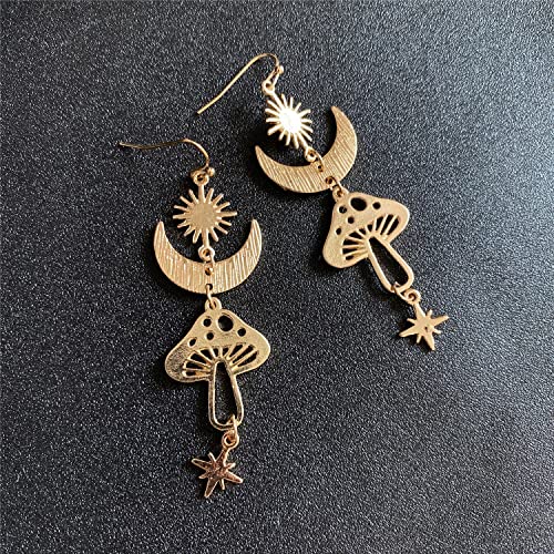 SLSF Unique Chic Gothic Boho Sun and Moon Dangle Drop Earrings Bohemian 14k Gold Goth Crescent Moon Star Mushroom Pendant Celestial Earrings for Women Christmas Jewelry Gift (Gold)