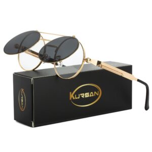 Kursan Vintage Round Flip Up Sunglasses for Women Men Hippie Style Circle Sun Glasses (Gold/Black)