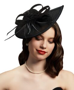 pillbox hats 20s 50s vintage fascinators for women with feather mesh veil headband bridal wedding tea party (f-black)