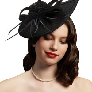 Pillbox Hats 20s 50s Vintage Fascinators for Women with Feather Mesh Veil Headband Bridal Wedding Tea Party (F-Black)