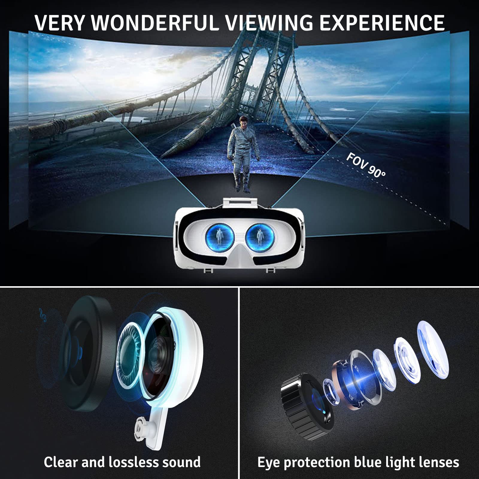 JIESI GD RENSI Virtual Reality Headset for Adults Giant Screen Vision Virtual Reality Glasses Independent VR Glasses Widely Suitable for 4.7-6.1 Inch Smart Models (G06B No Headphone Version)