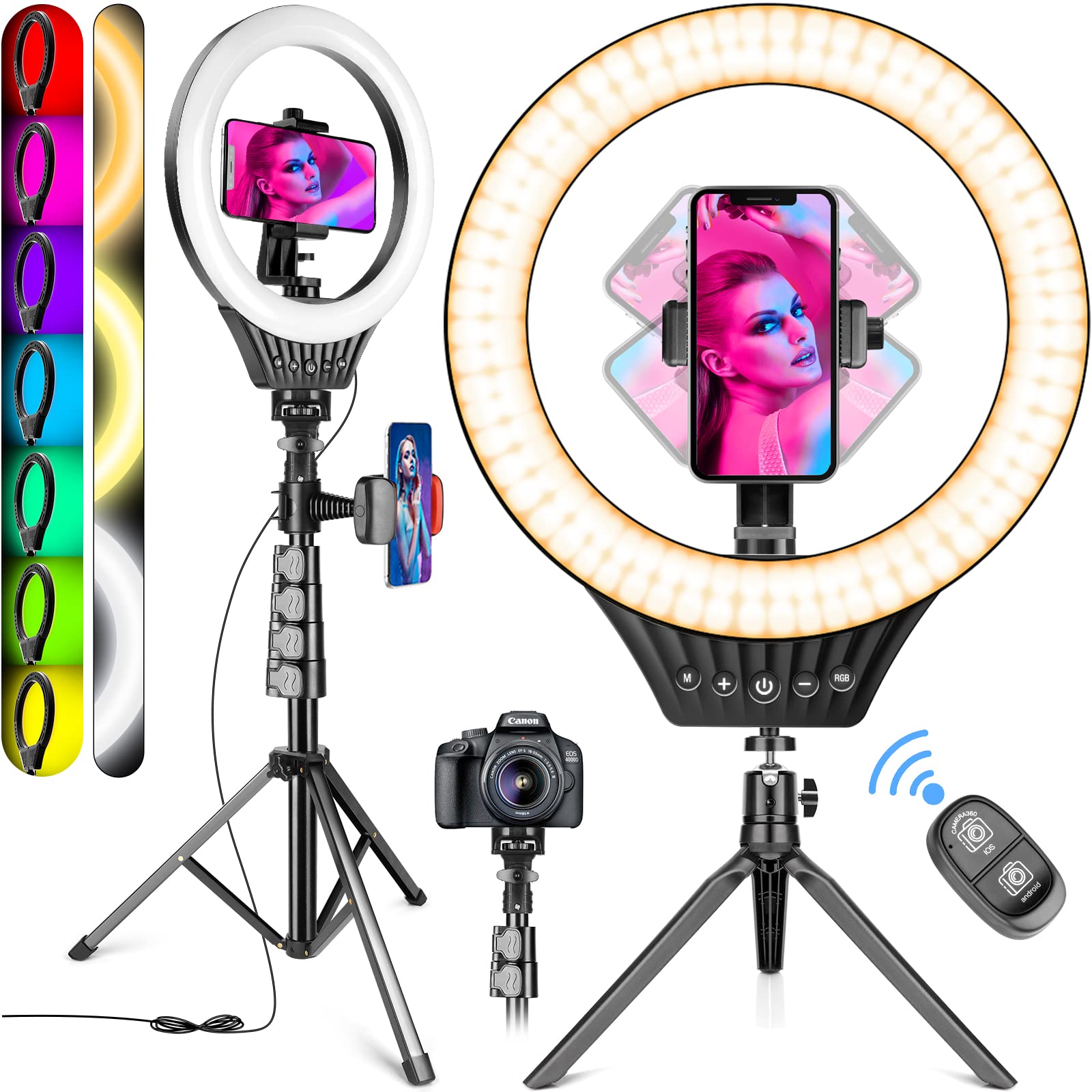 10" Ring Light with Tripod Stand and Phone Holder RGB Selfie Ring Light with 59" Stand & Desk Phone Tripod Stand,8 Dimming Levels,17 Color LED Ring Lights for Phone,Live Stream,Make Up,YouTube,TikTok