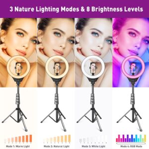 10" Ring Light with Tripod Stand and Phone Holder RGB Selfie Ring Light with 59" Stand & Desk Phone Tripod Stand,8 Dimming Levels,17 Color LED Ring Lights for Phone,Live Stream,Make Up,YouTube,TikTok