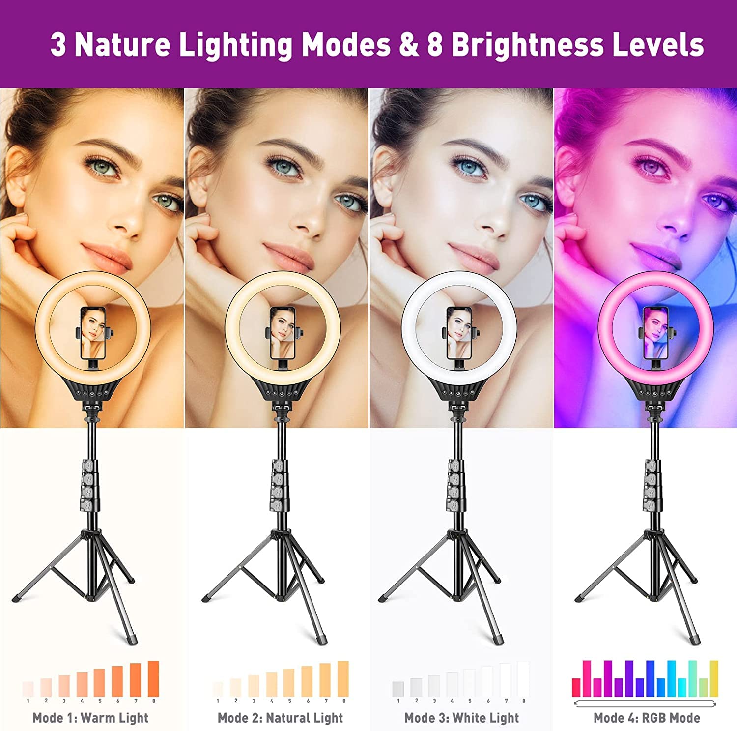 10" Ring Light with Tripod Stand and Phone Holder RGB Selfie Ring Light with 59" Stand & Desk Phone Tripod Stand,8 Dimming Levels,17 Color LED Ring Lights for Phone,Live Stream,Make Up,YouTube,TikTok