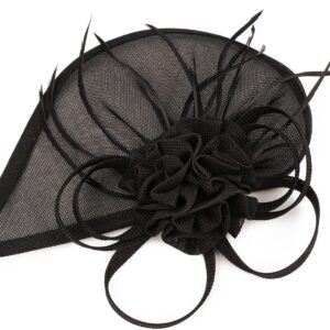 Pillbox Hats 20s 50s Vintage Fascinators for Women with Feather Mesh Veil Headband Bridal Wedding Tea Party (F-Black)