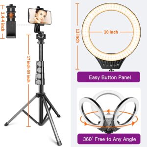 10" Ring Light with Tripod Stand and Phone Holder RGB Selfie Ring Light with 59" Stand & Desk Phone Tripod Stand,8 Dimming Levels,17 Color LED Ring Lights for Phone,Live Stream,Make Up,YouTube,TikTok