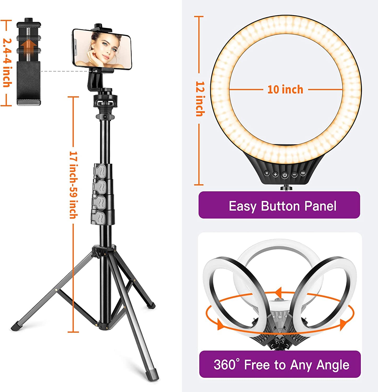 10" Ring Light with Tripod Stand and Phone Holder RGB Selfie Ring Light with 59" Stand & Desk Phone Tripod Stand,8 Dimming Levels,17 Color LED Ring Lights for Phone,Live Stream,Make Up,YouTube,TikTok