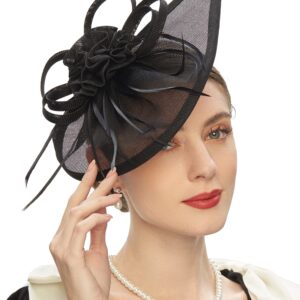 Pillbox Hats 20s 50s Vintage Fascinators for Women with Feather Mesh Veil Headband Bridal Wedding Tea Party (F-Black)