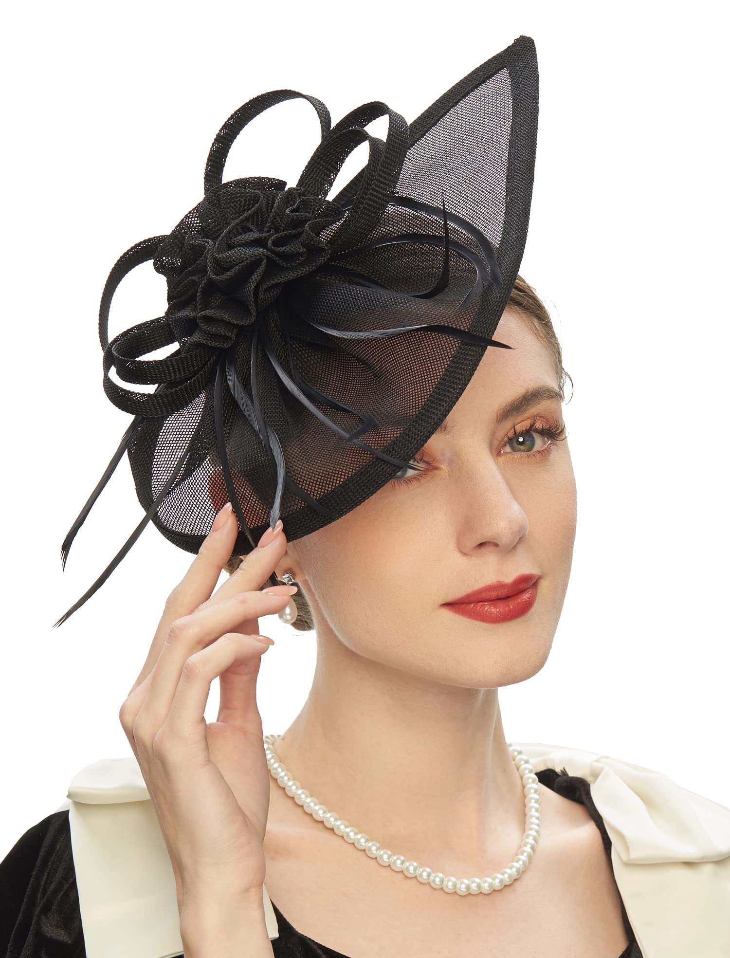 Pillbox Hats 20s 50s Vintage Fascinators for Women with Feather Mesh Veil Headband Bridal Wedding Tea Party (F-Black)