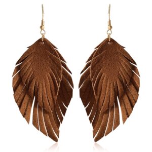 JIUIQL Handmade Bohemian Large Soft Genuine Leather Fringe Double Feather Lightweight Color PU Leaf Drop Dangle Earrings for Women Fashion Jewelry Gifts (Brown)