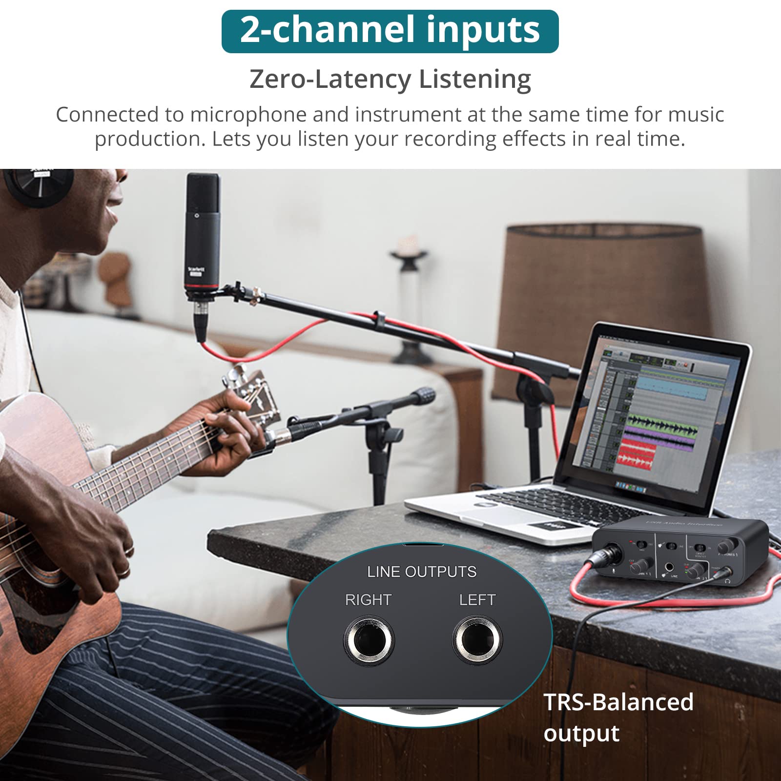 USB Audio Interface 2 In 2 Out with 48V Phantom Power,YGiTK USB-C Audio Interface for PC/Win/Mac Recording, Streaming and Podcasting, Audio Box (Microphone Cable Included)