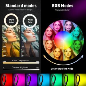 10" Ring Light with Tripod Stand and Phone Holder RGB Selfie Ring Light with 59" Stand & Desk Phone Tripod Stand,8 Dimming Levels,17 Color LED Ring Lights for Phone,Live Stream,Make Up,YouTube,TikTok